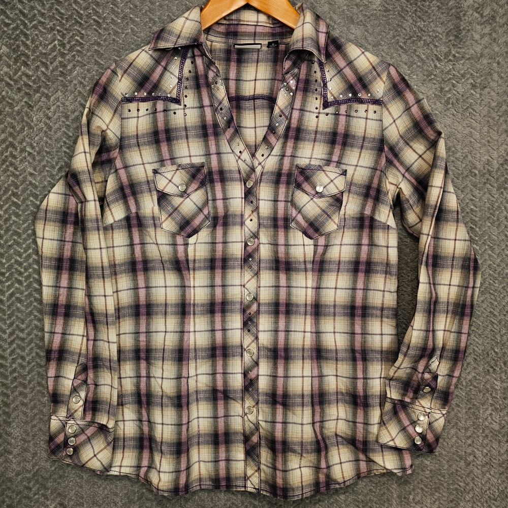 Allen B by Allen Schwartz Womens Purple Plaid Western Snap Shirt Rhinestones M